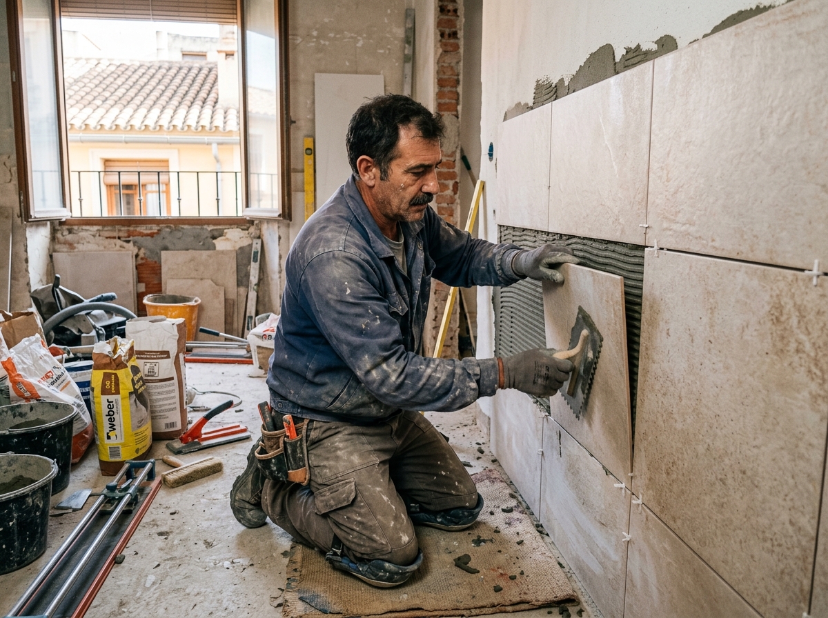 Albañil trabajando en reforma de vivienda