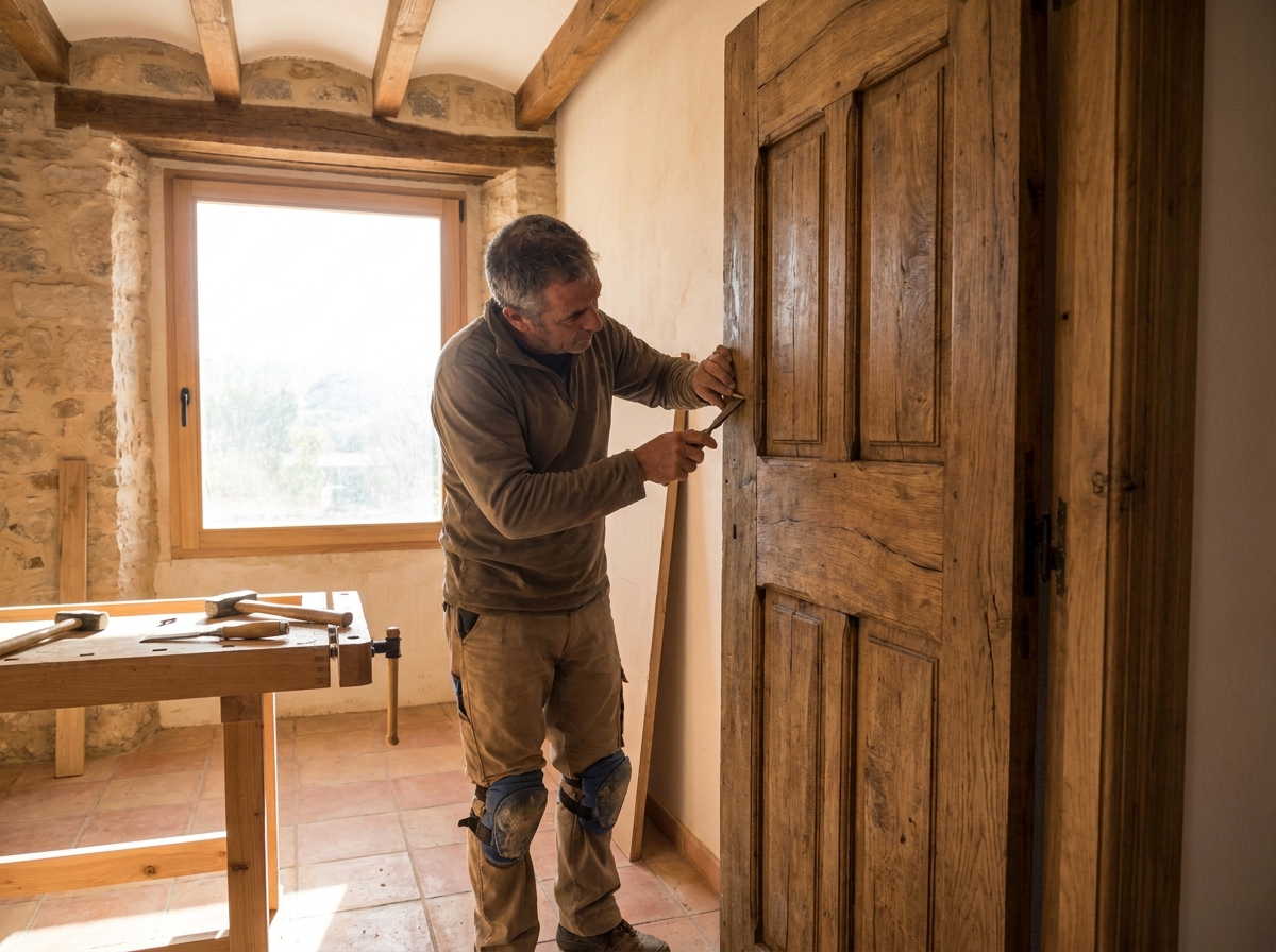 Carpintero instalando puerta en vivienda reformada