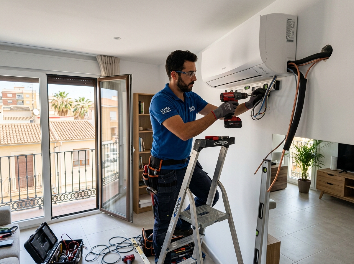 Técnico instalando equipo de climatización