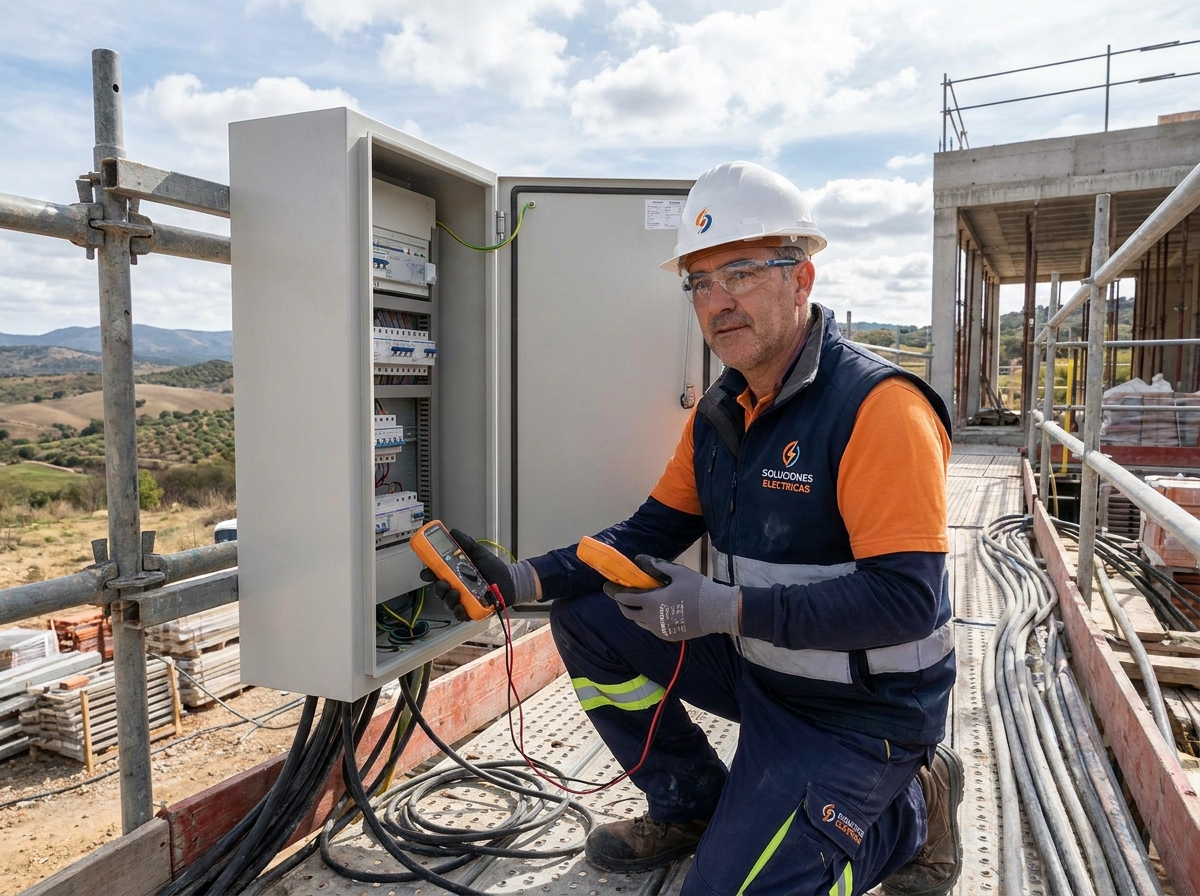 Electricista profesional revisando cuadro eléctrico en obra