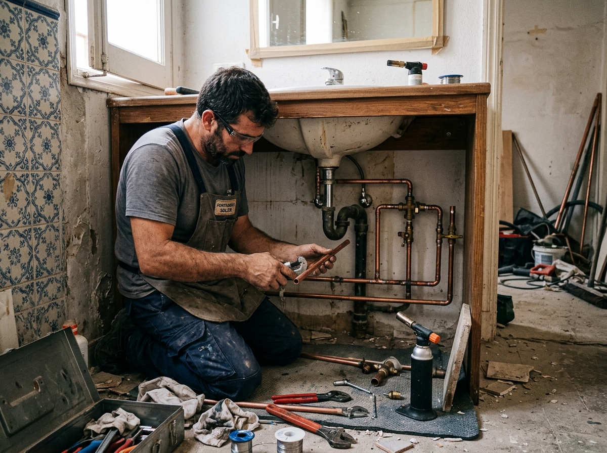 Plumber working on bathroom installation